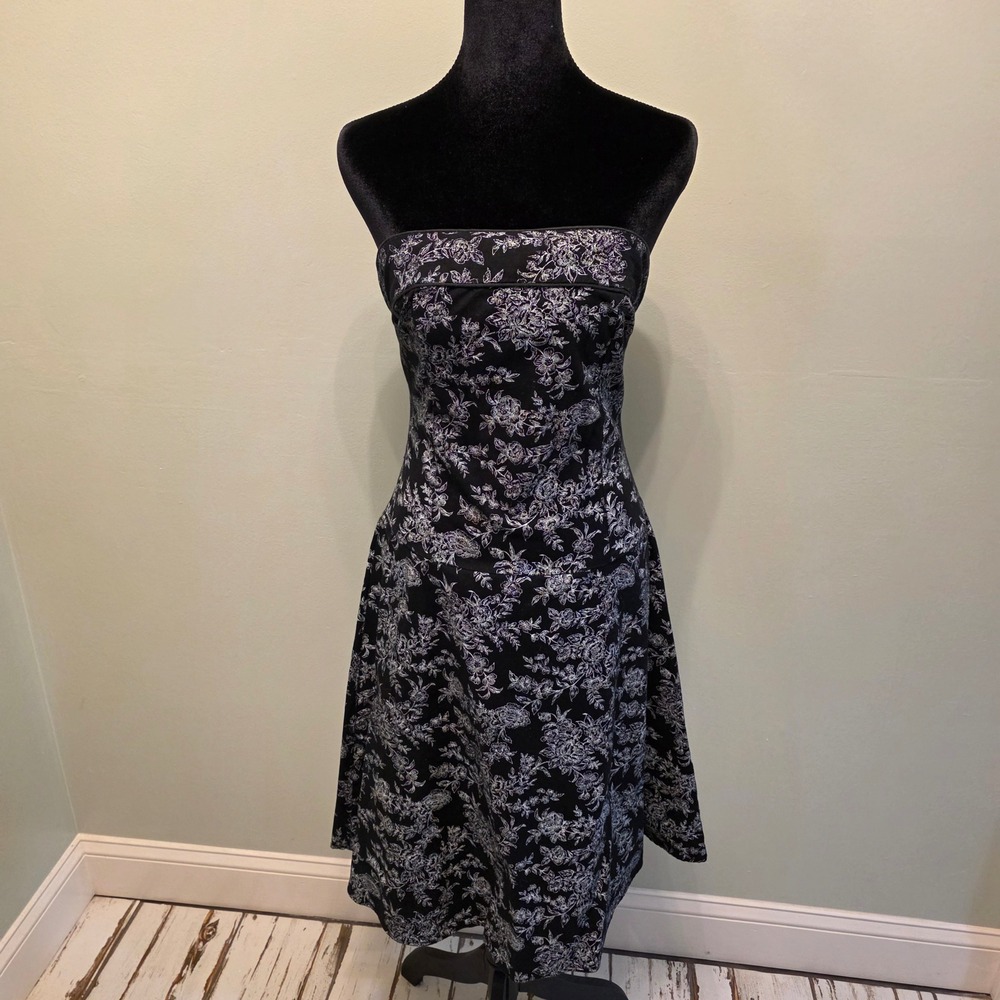 Luly K New York City Strapless Floral Midi Dress Black Silver Large CT27220
